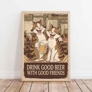 Póster de gato "Beber cerveza con amigos" - Lienzo decorativo para pared con divertidos dibujos de gatos, decoración para pub y bar, regalo para amantes de la cerveza para hombres