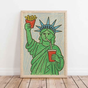Divertente stampa poster Pop Art della Statua della Libertà - Moderno punto di riferimento iconico degli Stati Uniti con patatine fritte e bibita - Decorazione murale unica e originale