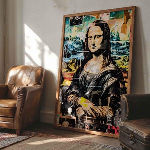 Póster abstracto de Mona Lisa, lienzo de arte mural moderno, decoración contemporánea para el hogar, regalo único para amantes del arte, retrato minimalista colorido.