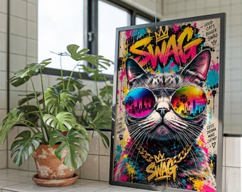 Graffiti-Swag-Katzenposter, farbenfrohe urbane Katzen-Wandkunst fürs Kinderzimmer