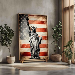 Art mural sur toile Statue de la liberté, impression d'affiche drapeau des États-Unis, décoration d'intérieur patriotique américaine, cadeau américain