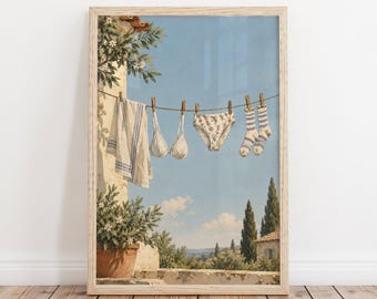 Mediterranean Laundry Poster, Vintage European Wall Decor, Rustic Cottage Art