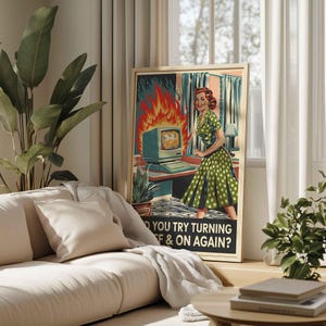 a poster of a woman sitting on a couch in front of a window