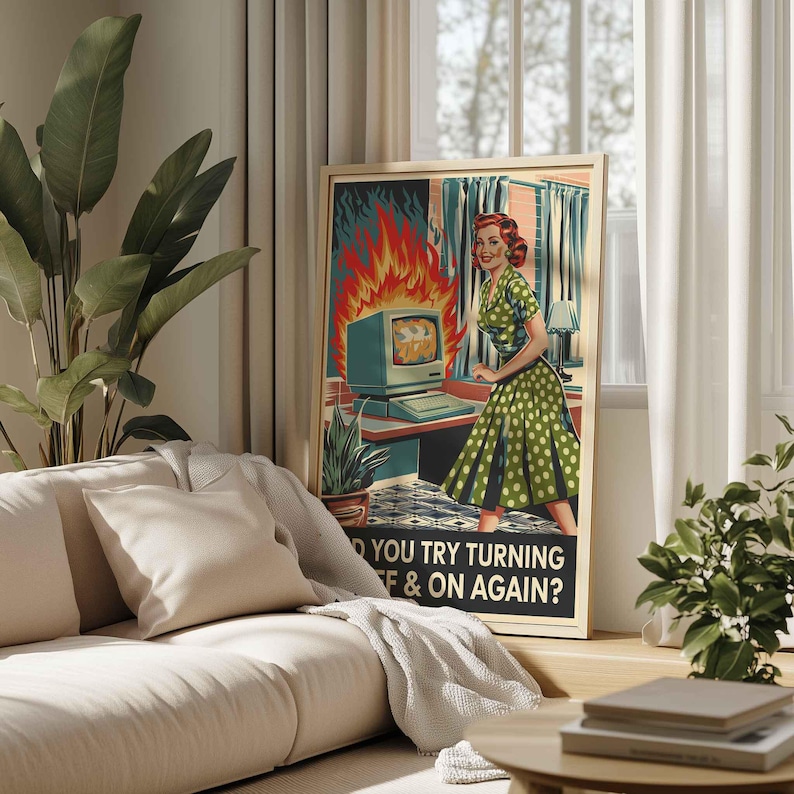 a poster of a woman sitting on a couch in front of a window