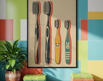 Vintage Toothbrush Poster, Colorful Bathroom Wall Decor, Retro Dental Art