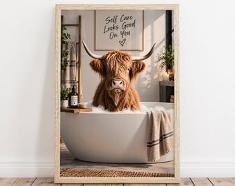 Highland Cow Self Care Bathroom Print – Funny Farmhouse Wall Art