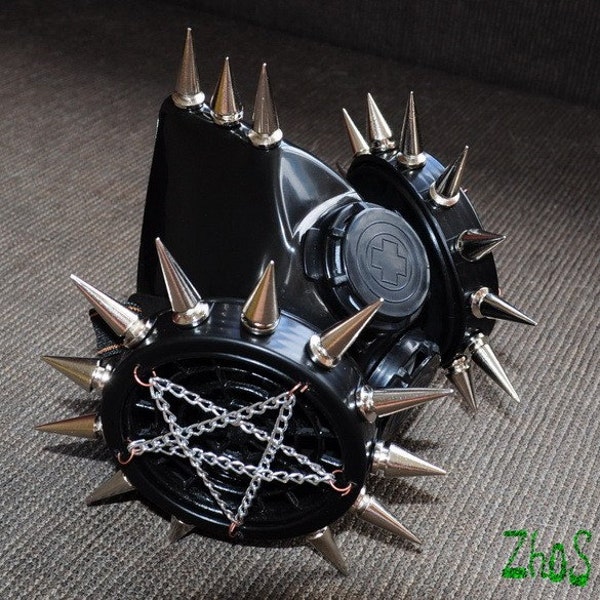 Black Cyber Mask Cyber Goth Respirator Gas Mask 27 Spikes and Pentagram