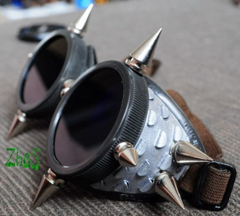 Spiked Steampunk Goggles Black Cyber Goth Glasses Nickel Etsy