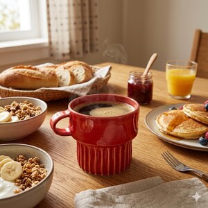 Peut inclure: Une tasse à café en céramique rouge remplie de café est posée sur une table en bois. De la vapeur s'élève du dessus. Des éléments de petit-déjeuner comme des crêpes, du pain, du granola et du jus sont également sur la table.