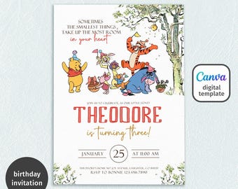 Winnie the Pooh invitation, printable editable boy girl birthday invite, electronic invitation, Teddy Bear invite template, Winnie invite