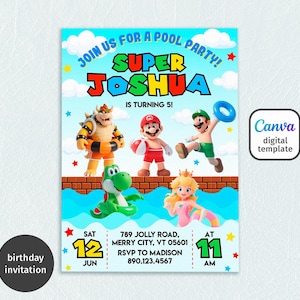 Mario Bros Einladung, Geburtstagseinladung Junge Mädchen, Super Mario Pool-Party Einladung, sofort-Download Videospiel Geburtstagseinladung Vorlage