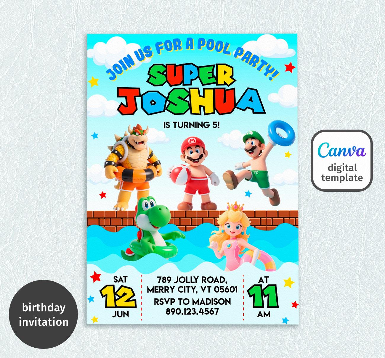 Mario Bros invitation, birthday invite boy girl, Super Mario pool party invitation, instant download, Video Game Birthday invite template