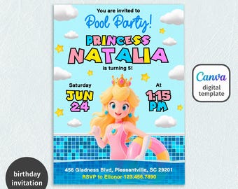 Princess Peach Mario Bros invitation, birthday invite girl, Pool party invitation, girl bday, Video Game Birthday invite template
