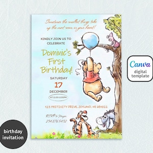 Winnie the Pooh Invitation, Printable Editable Boy Girl Birthday Invite, Electronic invitation, teddy bear Invite template, winnie invite