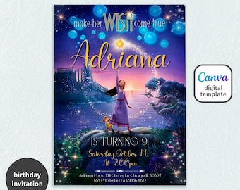 Wish birthday invitation, Printable birthday invite, Editable Magic Girl Birthday Invitation, Asha princess editable invitation