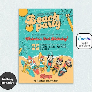 Invitación de cumpleaños de Mickey Mouse Beach, invitación de cumpleaños imprimible de Mickey niño niña, plantilla de invitación de fiesta de cumpleaños editable en la piscina