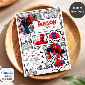 May include: A white digital template invitation featuring Spider-Man comic book style graphics. The invitation includes the text "MASON is turning 8" in red, along with event details. The Canva digital template is on a wooden tray.
