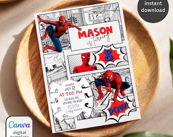 Spiderman birthday invitation, comics superhero invite, printable editable spidey party invite template, spider-man digital template