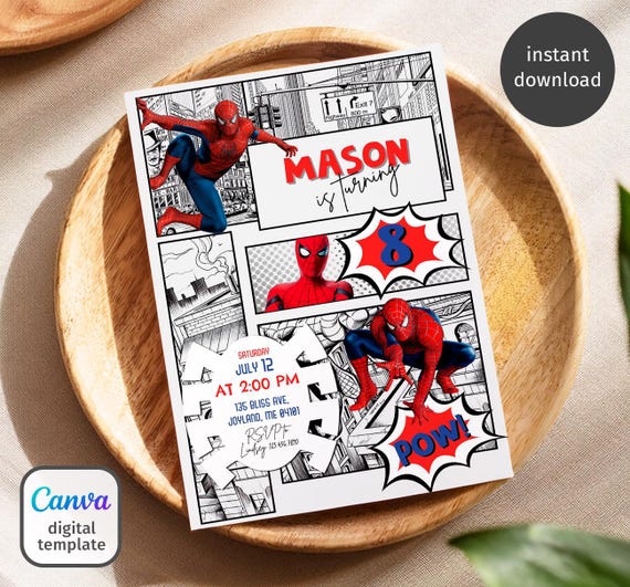 Spiderman birthday invitation, comics superhero invite, printable editable spidey party invite template, spider-man digital template