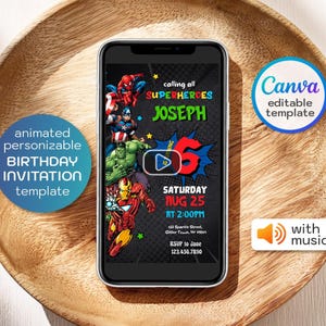 Video Avengers Jungen-Geburtstagseinladung, animierte personalisierbare Superheld-Partyeinladung, Spiderman, Hulk, Captain America Mobile-Vorlage