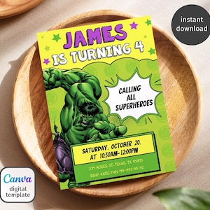 Printable Boy Birthday Invitation, superhero birthday invite, incredible hulk editable invitation, avengers birthday party