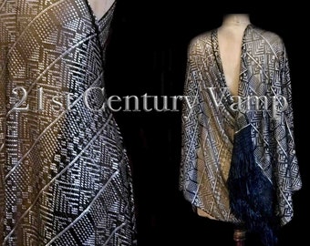 1920s Assuit Shawl. Black and Silver with long Silk Fringe. Flapper. Egyptian Revival. Egyptomania. Jazz Age. Antique.