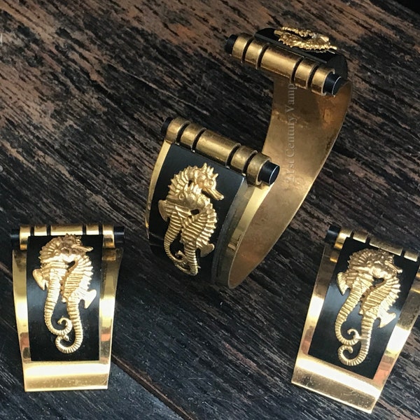 1930s Jean Painleve Seahorse Demi Parure. Cuff Bracelet and Dress Clips. Black Galalith. Hippocampe. Marin Cheval.
