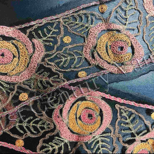 Antique Silk Embroidered Tulle Trim. Silk Embroidery on Tulle. 1920s Art Deco Roses. Gold Thread. Millinery. Sewing. Historical Costume.