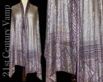 PURPLE Assuit Piano Shawl. Sumptuous Antique Art Deco Silver Metal Embroidered Solid Design with Diamond and Chevron Borders. 1900. 1910.