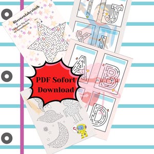 Könnte beinhalten: Ein Satz druckbarer Labyrinth-Aktivitätsblätter für Kinder. Die Labyrinthe zeigen einen Stern, Buchstaben, einen Roboter und einen Halbmond. Der Text auf den Blättern lautet "Sternenlabyrinth" und "PDF Sofort Download".