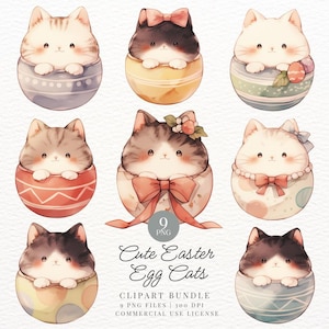 Oeuf de Pâques mignon chats Clipart, chat, Pâques, autocollants numériques imprimables Kawaii, imprimable pour les enfants, PNG transparent, Goodnotes, usage Commercial