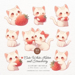 Cute White Kitten and Strawberry Clipart, Fruit, Cat, Neko, Kawaii Printable Digital Stickers, Transparent PNG, Goodnotes, Commercial Use