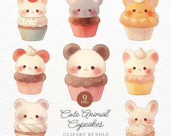 Kawaii Animal Cupcake Clipart, PNG Stickers (Commercial Use)