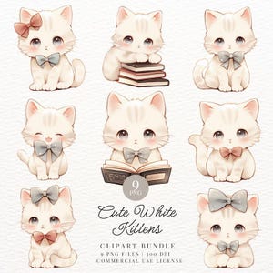 Cute White Kittens Clipart, Cat, Books, Kawaii Printable Digital Stickers, Printable for Kids, Transparent PNG, Goodnotes, Commercial Use