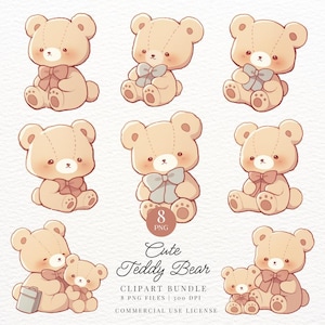 Clipart de ursinho de pelúcia fofo, brinquedo de pelúcia, decoração de berçário, chá de bebê, adesivos digitais kawaii para impressão, PNG transparente, Goodnotes, uso comercial