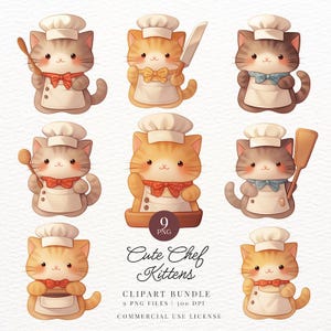 Cute Chef Kittens Clipart, Cat, Cooking, Kawaii Printable Digital Stickers, Printable for Kids, Transparent PNG, Goodnotes, Commercial Use