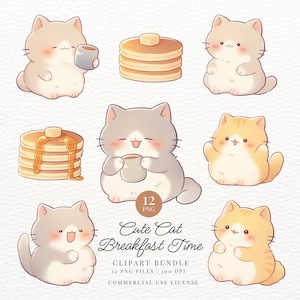 Cute Cat Breakfast Time Clipart, Cat, Neko, Pancake, Coffee, Kawaii Printable Digital Stickers, Transparent PNG, Goodnotes, Commercial Use
