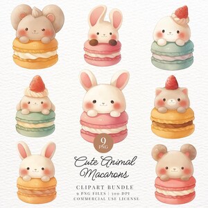 May include: A watercolour illustration of nine animal-themed macarons. The macarons feature designs of bunnies, a squirrel, and a cat. The macarons are in shades of pink, green, and yellow. The image includes the text "Cute Animal Macarons".