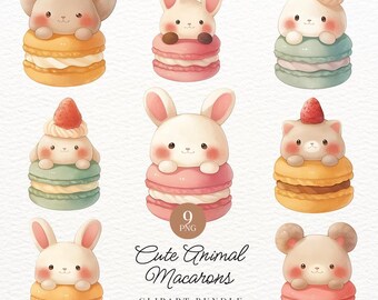 Kawaii Animal Macarons Clipart, PNG Stickers (Commercial Use)