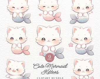 Clipart de gatito sirena: pegatinas PNG de gato kawaii (uso comercial)