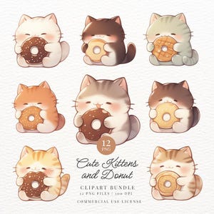 Clipart mignons chatons et donut, chat, Neko, Dessert, bonbons, autocollants numériques imprimables Kawaii, PNG transparent, Goodnotes, usage Commercial