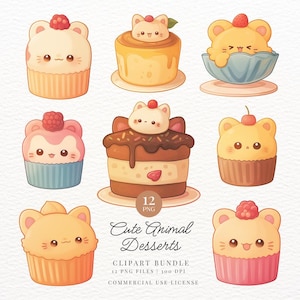 Cute Animal Desserts Clipart, Cat, Chibi Animals, Dessert, Kawaii Printable Digital Stickers, Transparent PNG, Goodnotes, Commercial Use