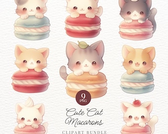 Kawaii Kitten Macarons Clipart, Pastel PNG Stickers (Digital Download)