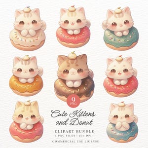 Mignons chatons et donuts Clipart, dessert, heure du thé, chat, Neko, autocollants numériques imprimables Kawaii, PNG transparent, Goodnotes, usage Commercial