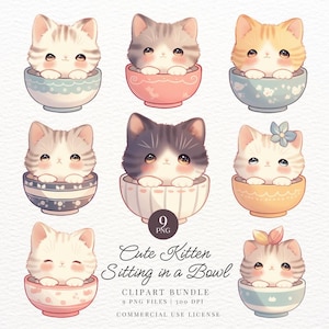 Cute Kitten Sitting in a Bowl Clipart, Cat, Kawaii Printable Digital Stickers, Planner Stickers, Transparent PNG, Goodnotes, Commercial Use