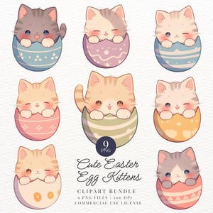 Oeuf de Pâques mignon chatons Clipart, Pâques, autocollants numériques imprimables Kawaii, imprimable pour les enfants, PNG transparent, Goodnotes, usage Commercial