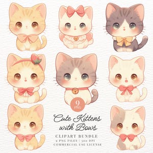 Cute Kittens with Bows Clipart, Cat, Bow, Kawaii Printable Digital Stickers, Printable for Kids, Transparent PNG, Goodnotes, Commercial Use