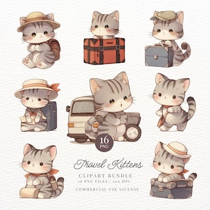 Travel Kittens Clipart, Neko, Cat, Vacation, Kawaii Printable Digital Stickers, Planner Stickers, Transparent PNG, Goodnotes, Commercial Use