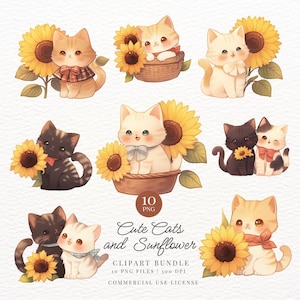 Cute Cats and Sunflower Clipart, Kitten, Kawaii Printable Digital Stickers, Planner Stickers, Transparent PNG, Goodnotes, Commercial Use
