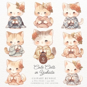 Cute Cats in Yukata Clipart, Summer, Kitten, Neko, Japan, Kawaii Printable Digital Sticker, Transparent PNG, Goodnotes, Commercial Use